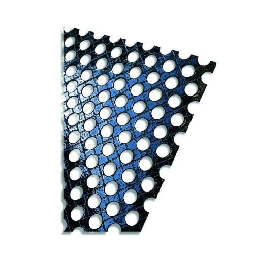 Close-up of a dark metallic grid material with circular perforations and a subtle blue lighting effect.
