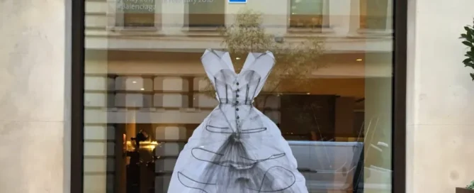 X-ray style white dress graphic on a Balenciaga exhibition window display at a Mayfair hotel using window film.
