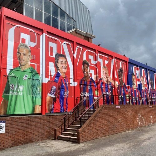 Crystal Palace building wrap created using Contra Vision White on Black perforated window film.