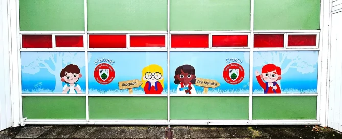 Croesty Primary School featuring colourful window graphics using Contra Vision perforated window film.
