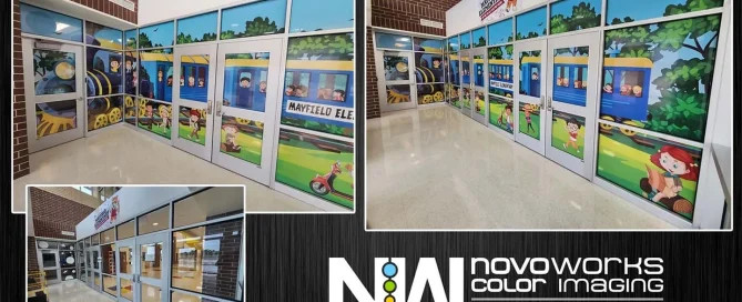 Perforated window film graphics applied to primary school windows to enhance privacy.