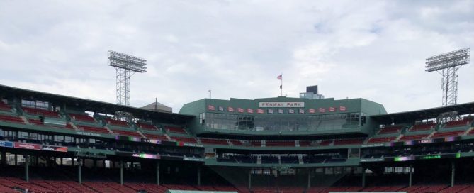 View of Fenway Park baseball stadium and outfield from Bleacher Bar through tinted privacy window film.