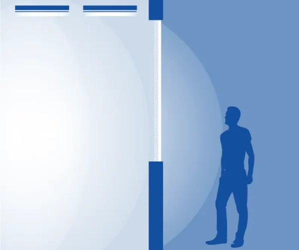 Side view diagram of two flat panel ceiling lights casting a soft glow on a wall behind a standing human silhouette.