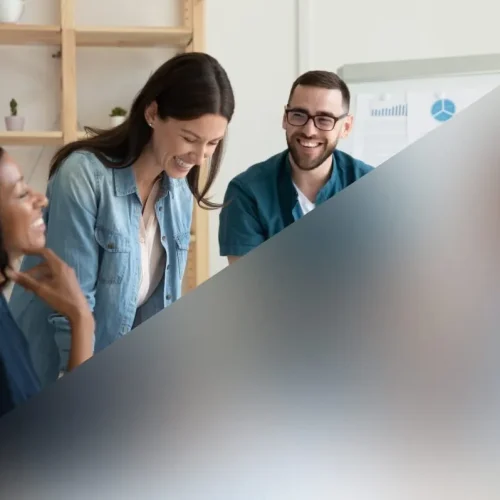 Smiling team members collaborating in an office viewed through a light frost semi-transparent glass privacy screen.