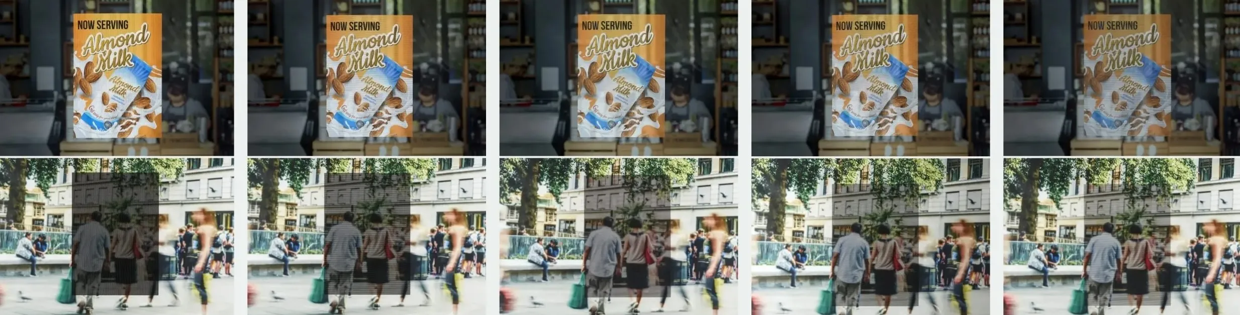 A comparison grid of perforated window film designs showing how branding appears on storefront glass displays.